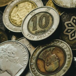 Closeup of old golden and silver coins placed in heap next to each other