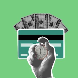 Illustration of cutout person hand timing stopwatch against credit card and cash money on green background