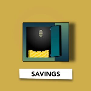 Opened iron safe with stack of golden coins for savings on yellow background