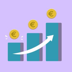 Vector illustration of income growth chart with arrow and euro coins against purple background